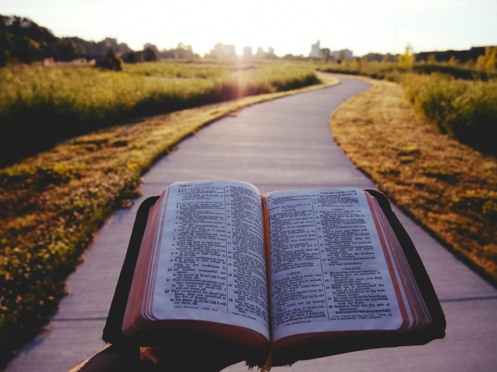 Open bible on path with a sunrise
